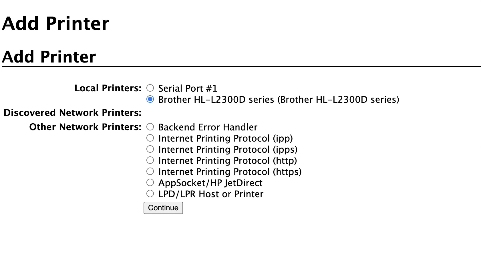 CUPS Add Printer page with Brother HL-L2300D series selected under Local Printers