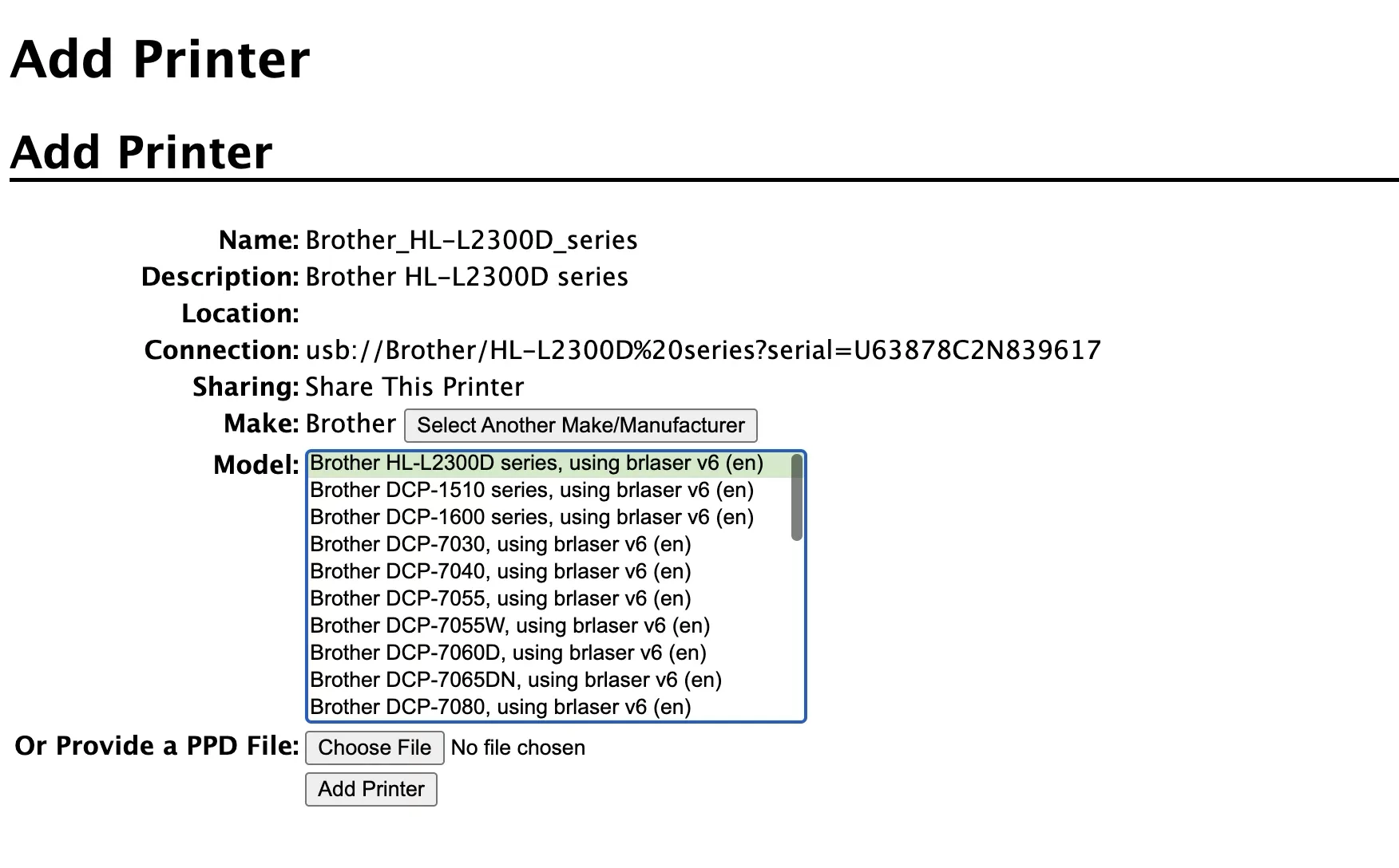 CUPS Add Printer model selection with Brother HL-L2300D series using brlaser v6 highlighted