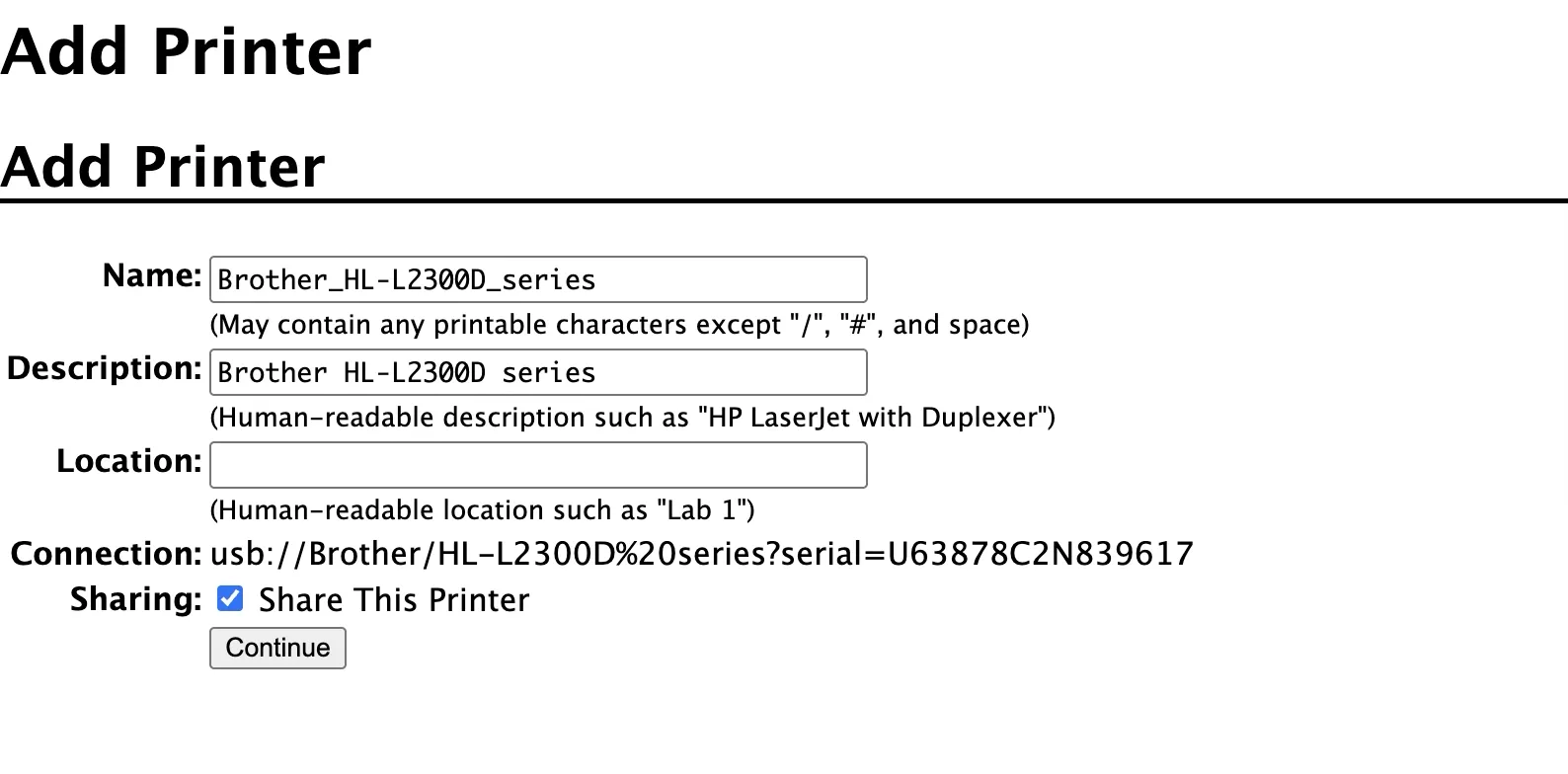 CUPS Add Printer form showing name, description, connection URI and Share This Printer checked