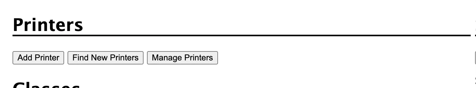 CUPS Printers page with Add Printer, Find New Printers and Manage Printers buttons