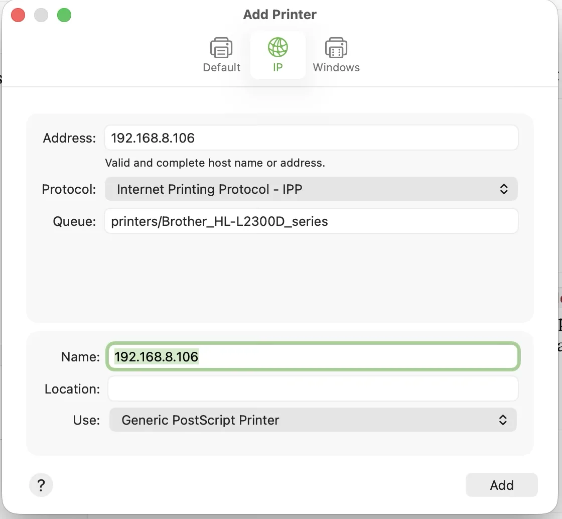 macOS Add Printer dialog on the IP tab with address, IPP protocol and printers/Brother_HL-L2300D_series as the queue