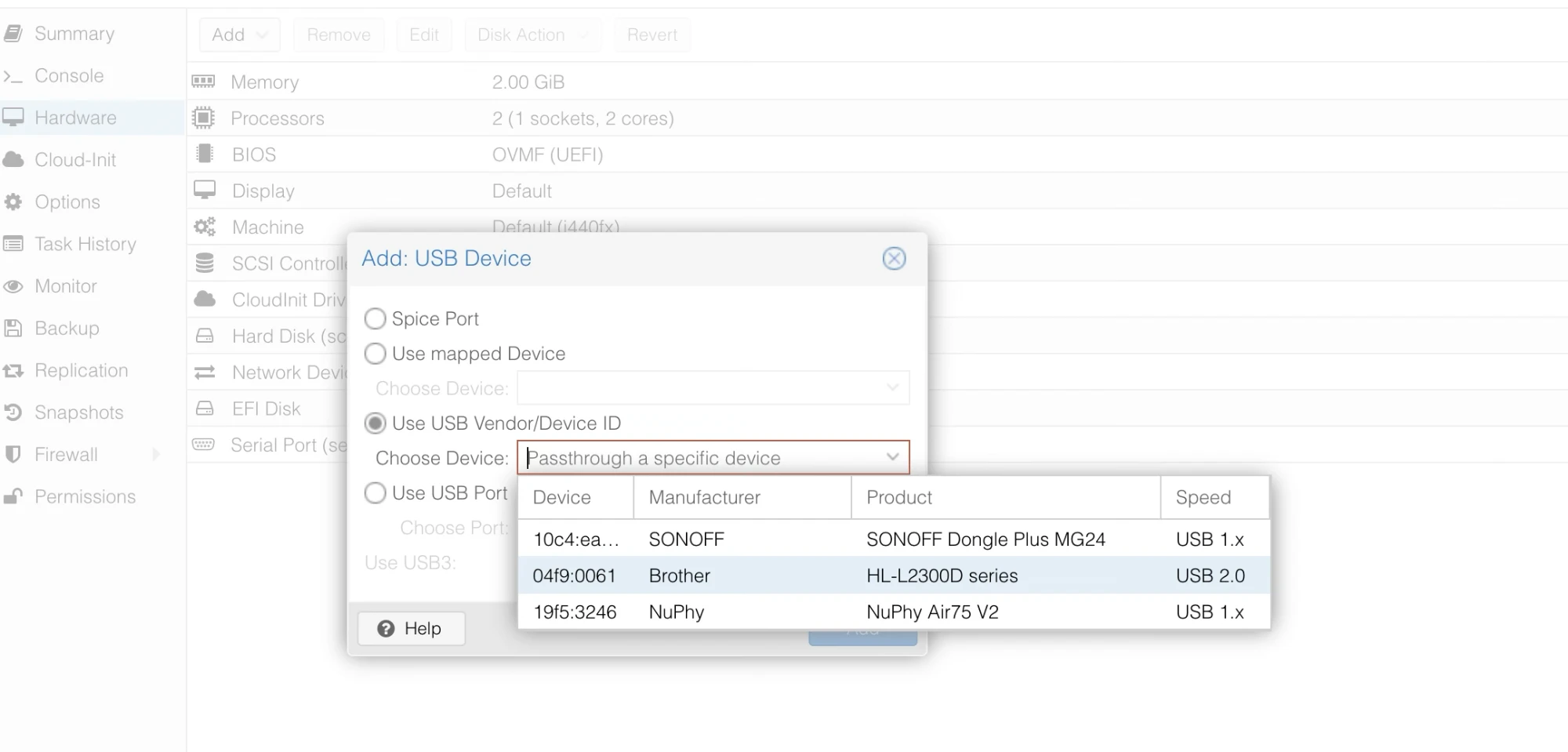 Proxmox Add USB Device dialog, with Use USB Vendor/Device ID selected and the Brother HL-L2300D listed at 04f9:0061